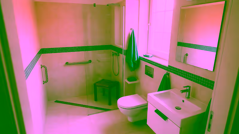 Beispielbild: Dasselbe Bad nach dem Umbau, mit bodengleicher Dusche, Haltegriffen und Duschhocker